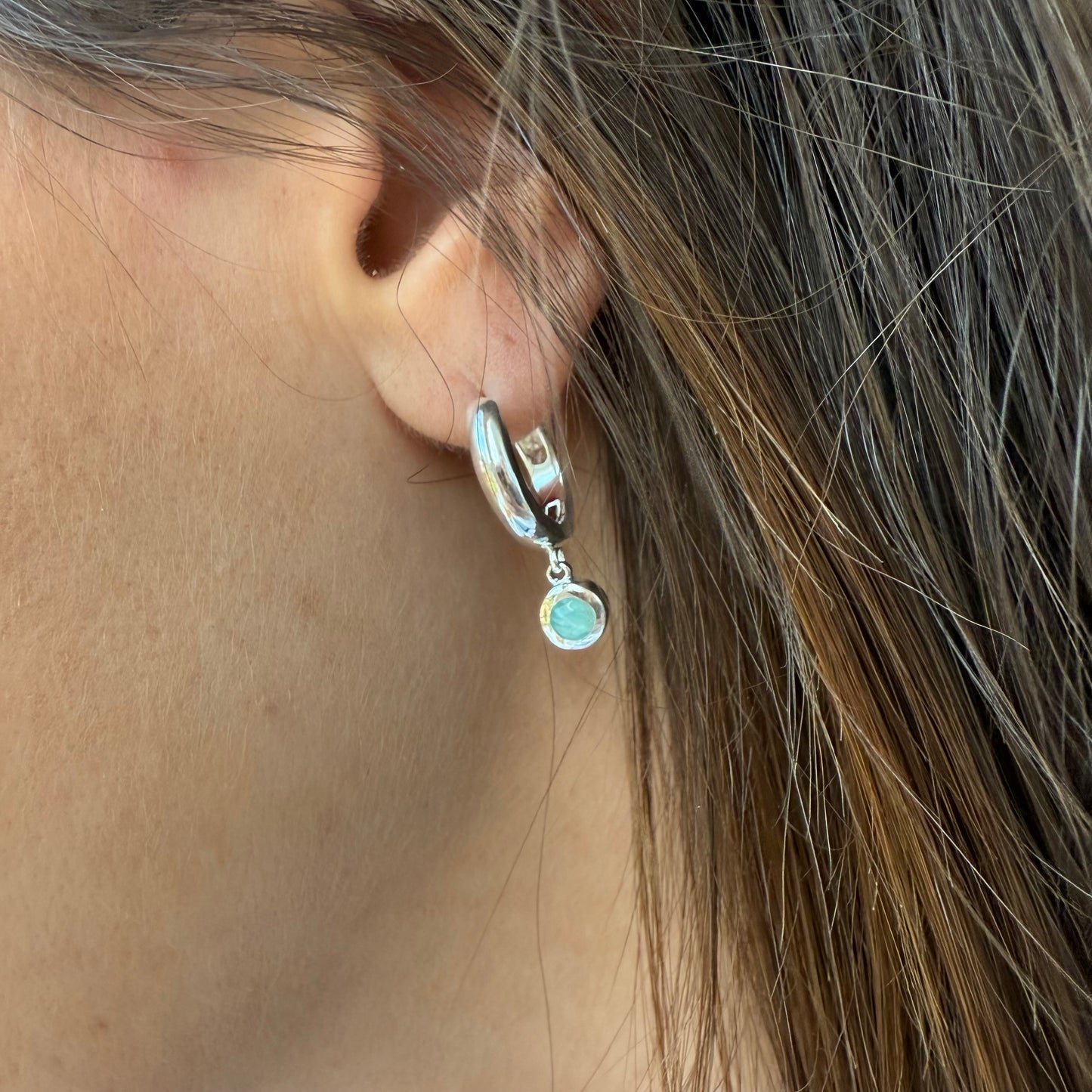Silver Amazonite charm hoops