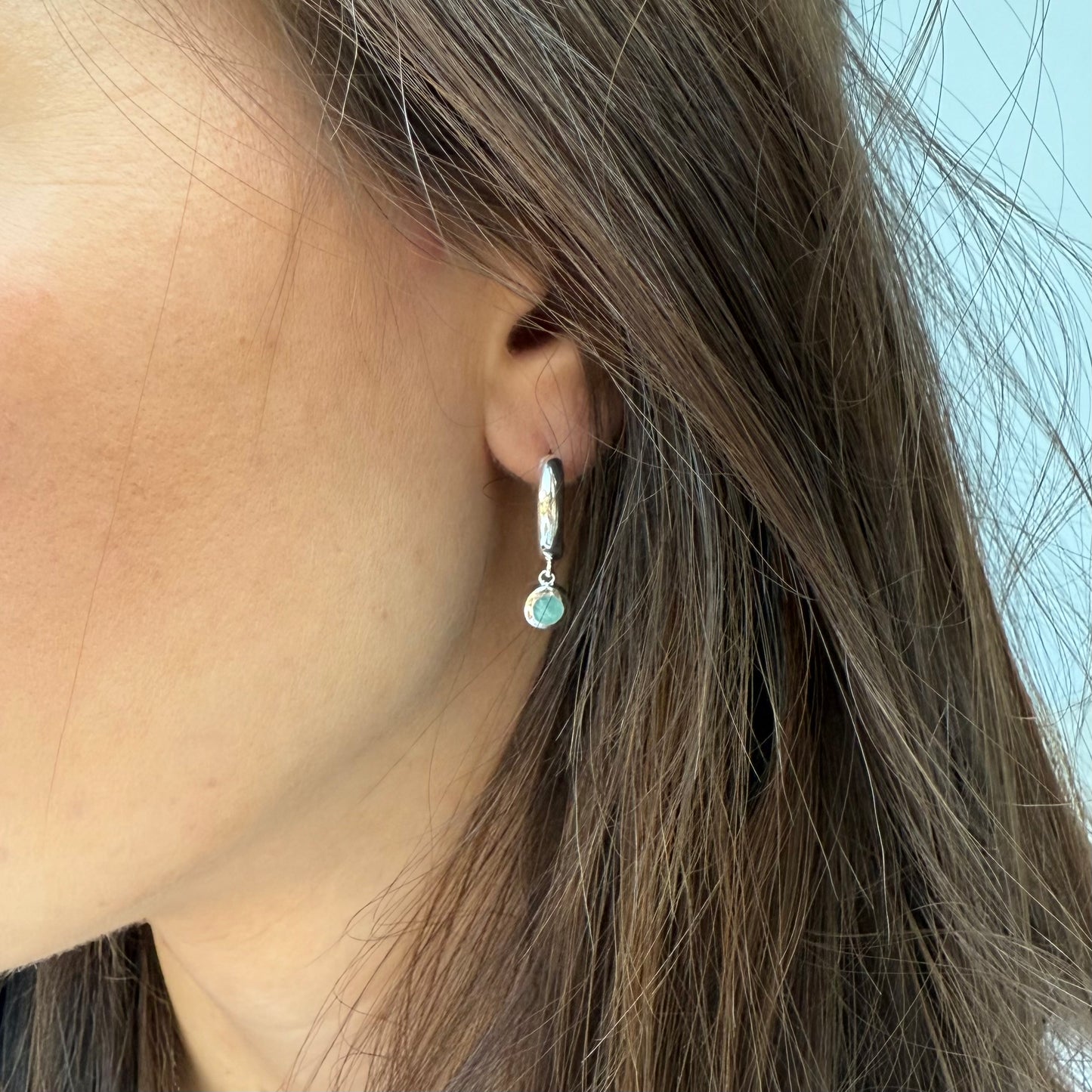 Silver Amazonite charm hoops