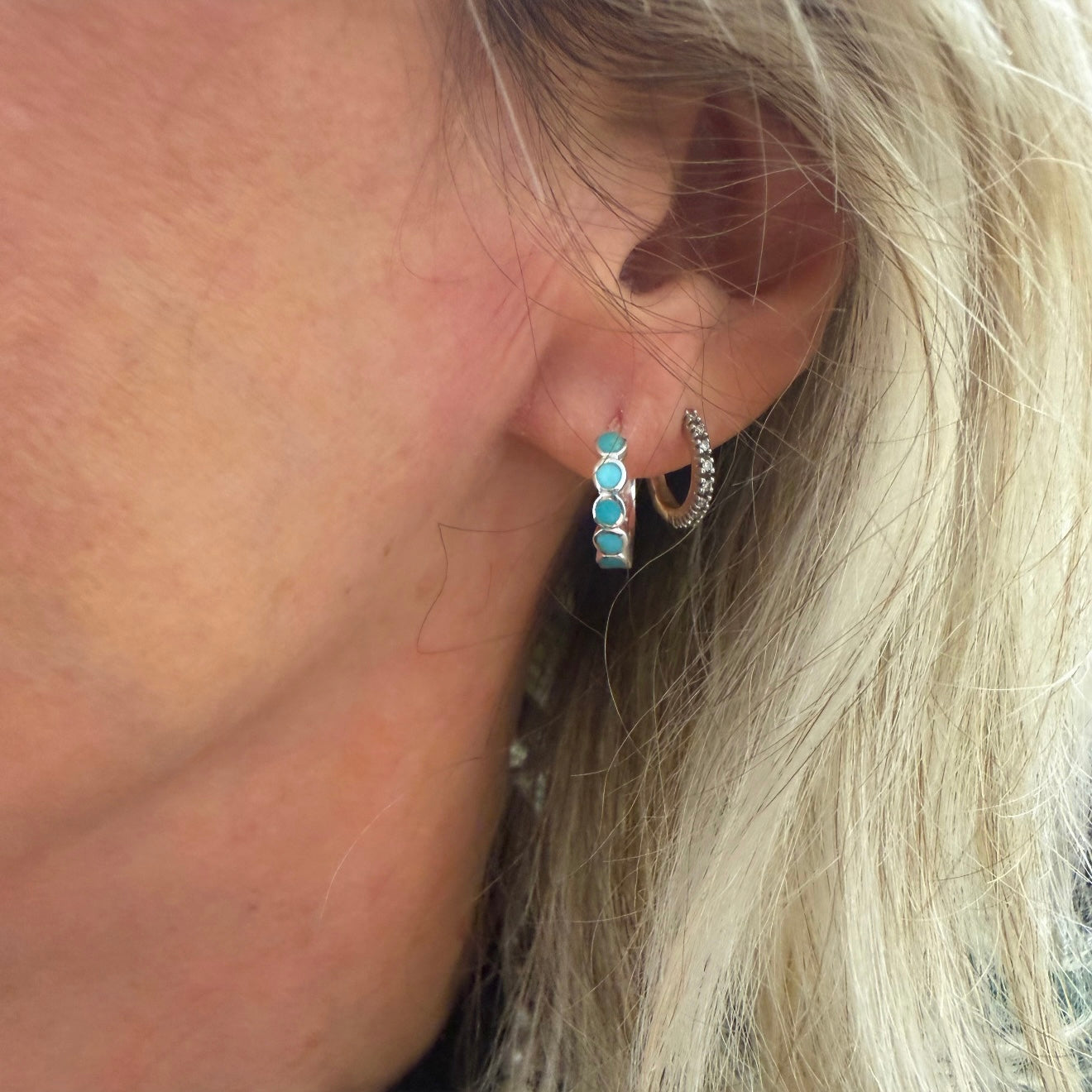 Turquoise Silver Hoops